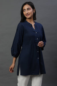 Navy Schiffli Short Kurti with Pintucks