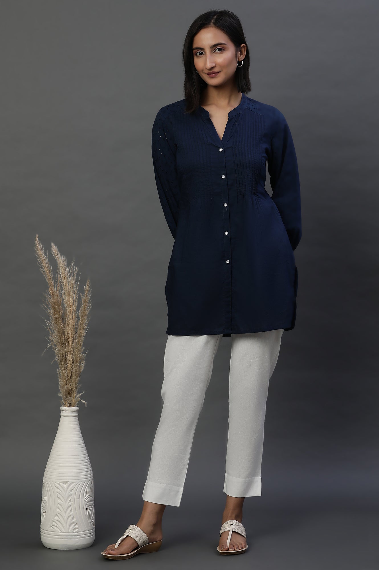 Navy Schiffli Short Kurti with Pintucks