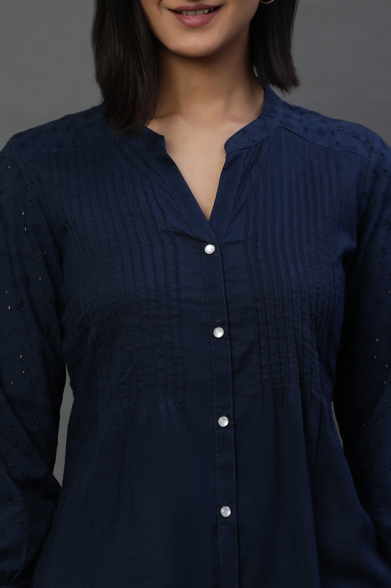 Navy Schiffli Short Kurti with Pintucks