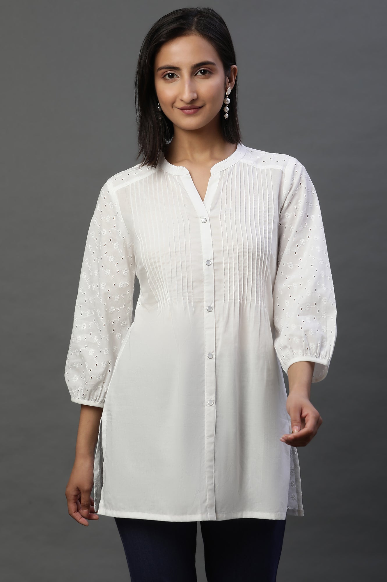 White Schiffli Short Kurti with Pintucks