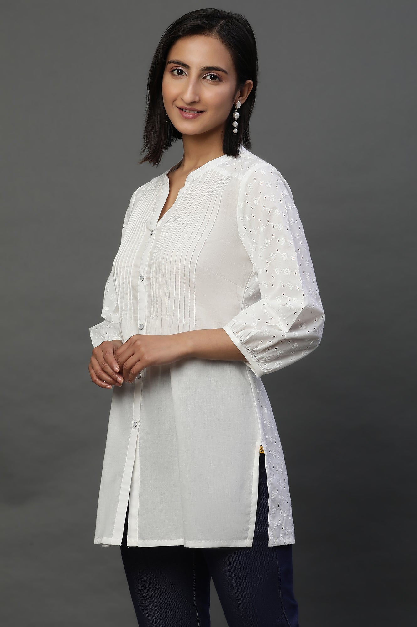 White Schiffli Short Kurti with Pintucks