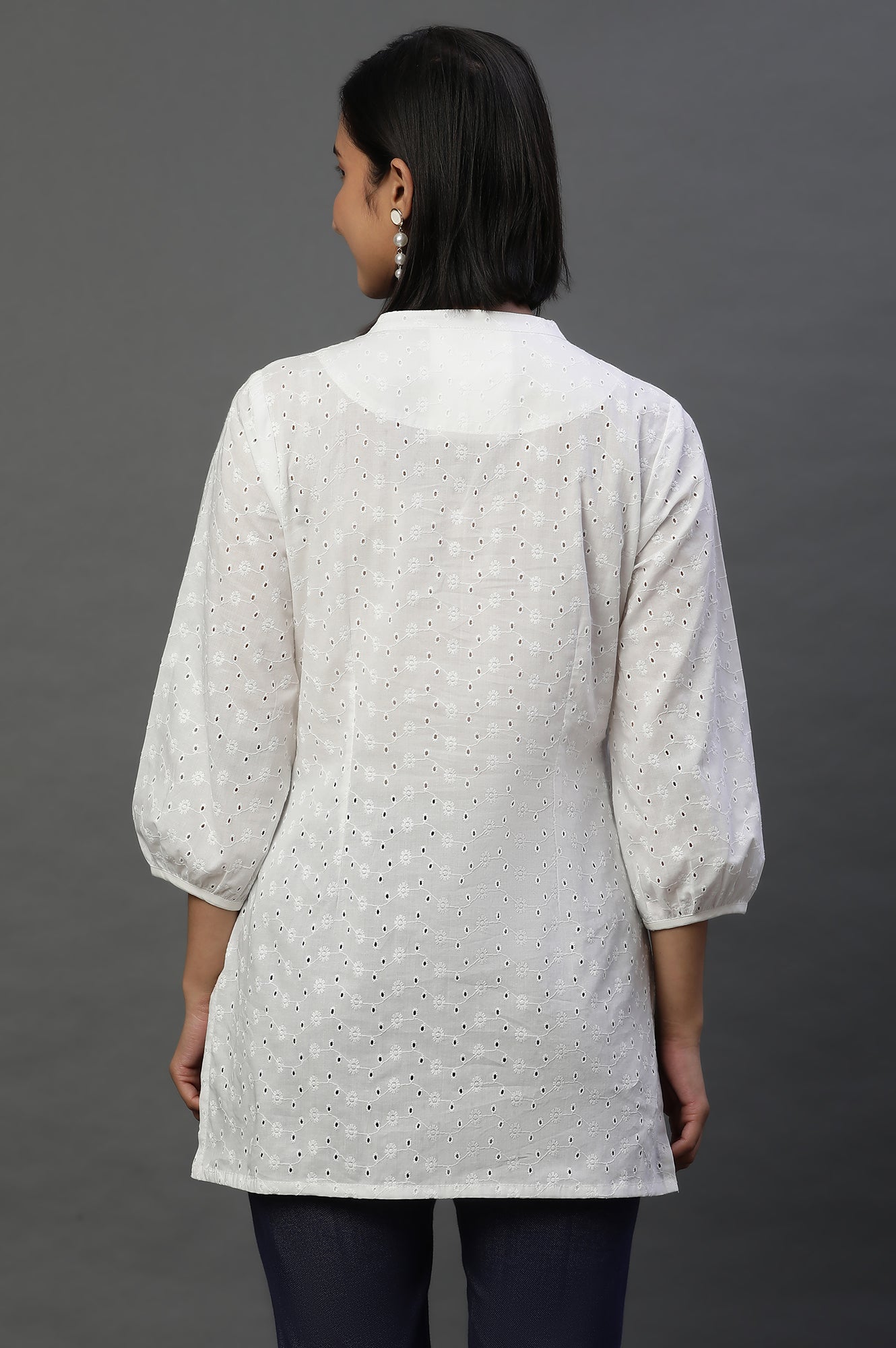 White Schiffli Short Kurti with Pintucks