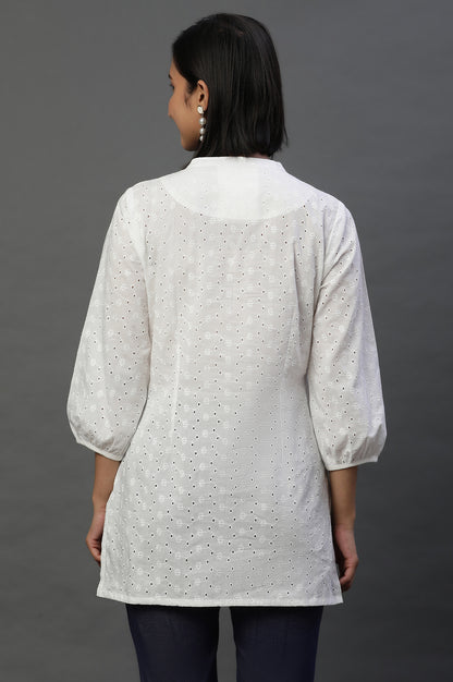 White Schiffli Short Kurti with Pintucks