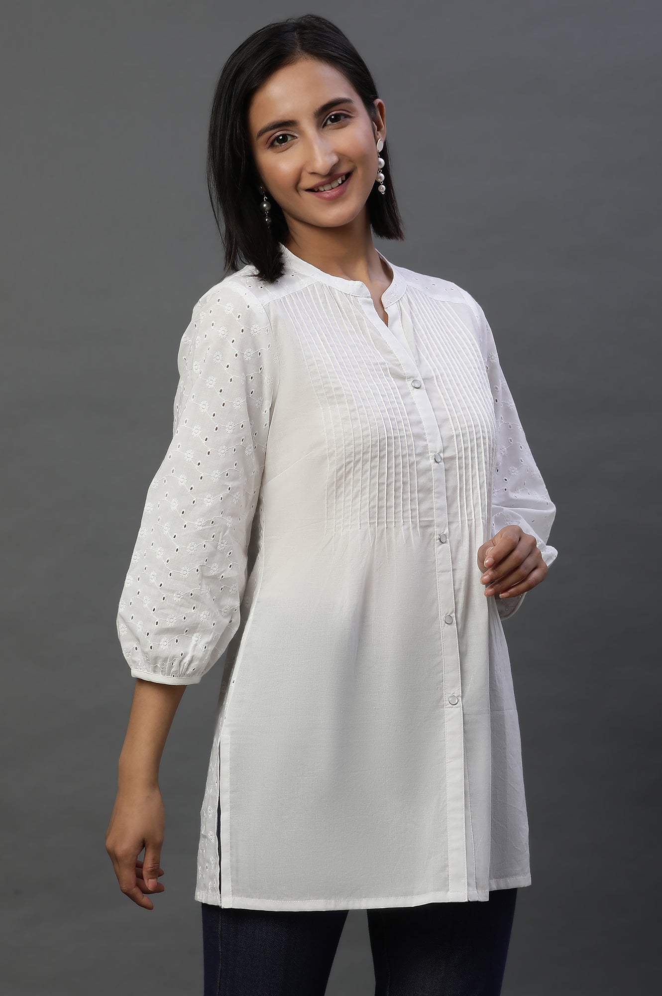 White Schiffli Short Kurti with Pintucks