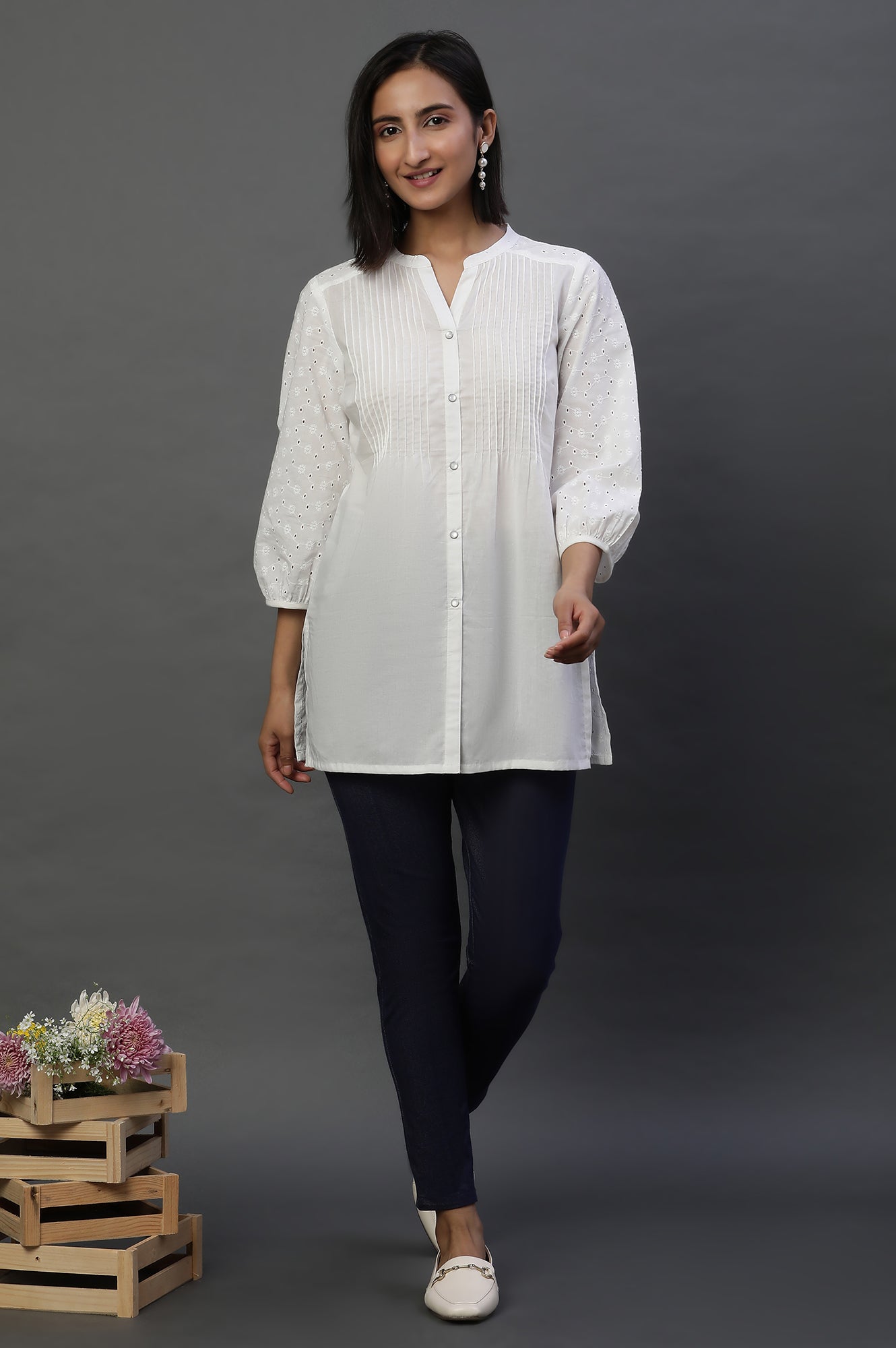 White Schiffli Short Kurti with Pintucks