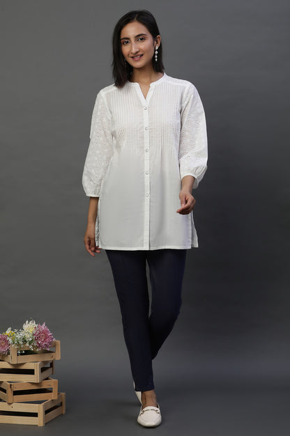 White Schiffli Short Kurti with Pintucks