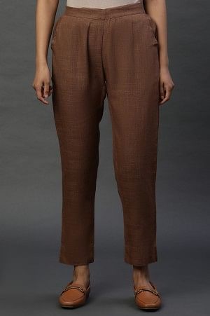 Brown Rayon Flax Trouser Pants