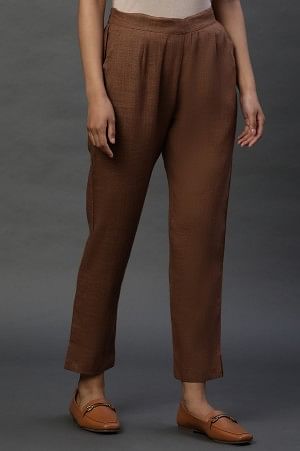 Brown Rayon Flax Trouser Pants