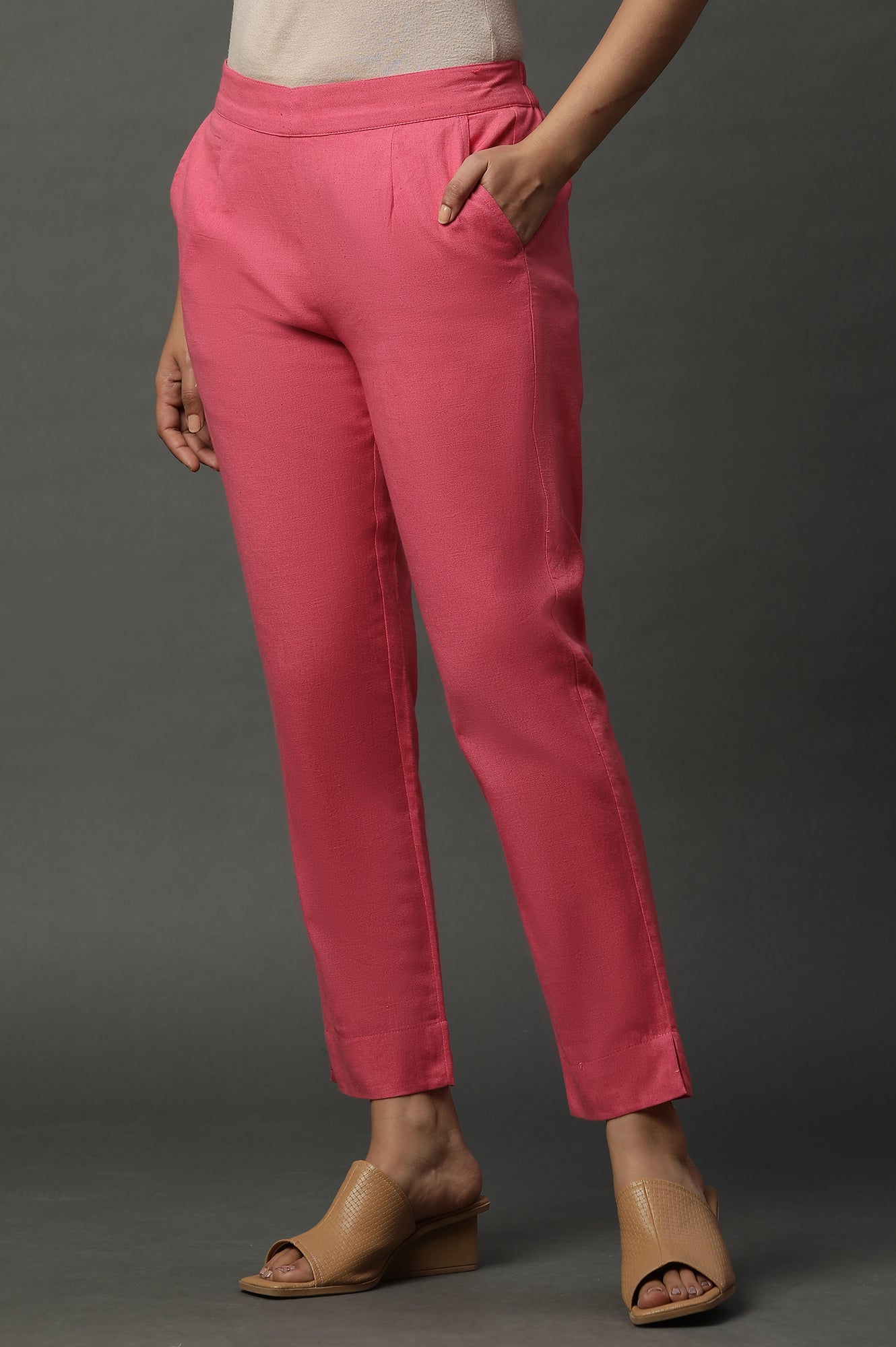 Pink Solid Cotton Flax Western Trousers