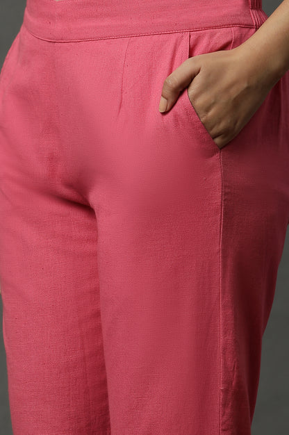 Pink Solid Cotton Flax Western Trousers