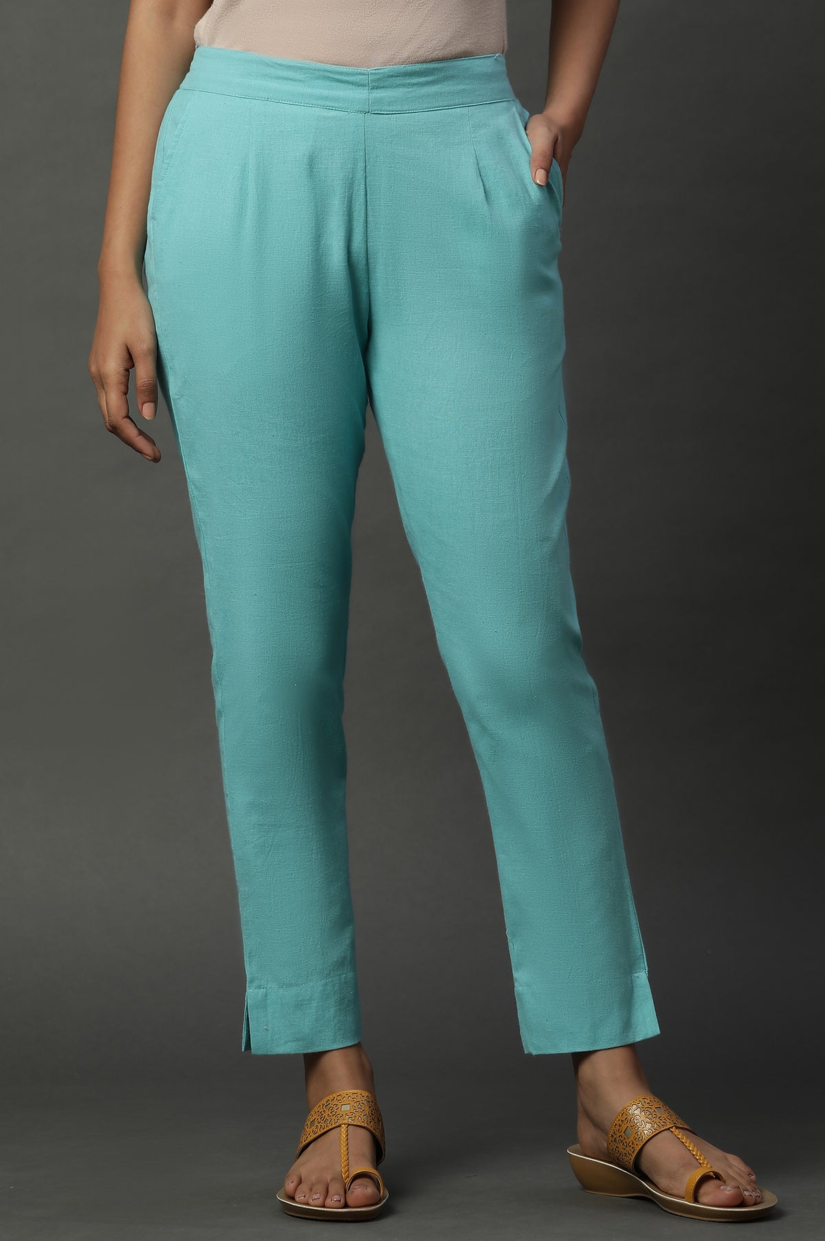 Blue Cotton Flax Solid Trousers - S