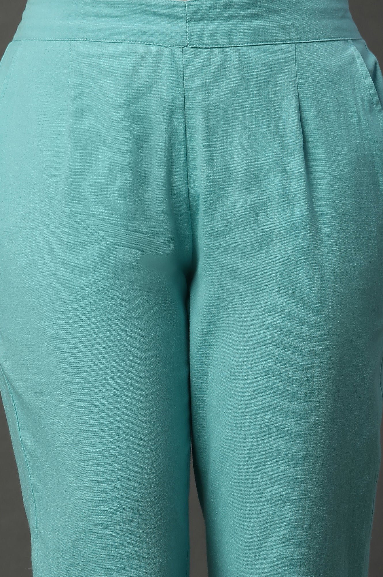 Blue Cotton Flax Solid Trousers