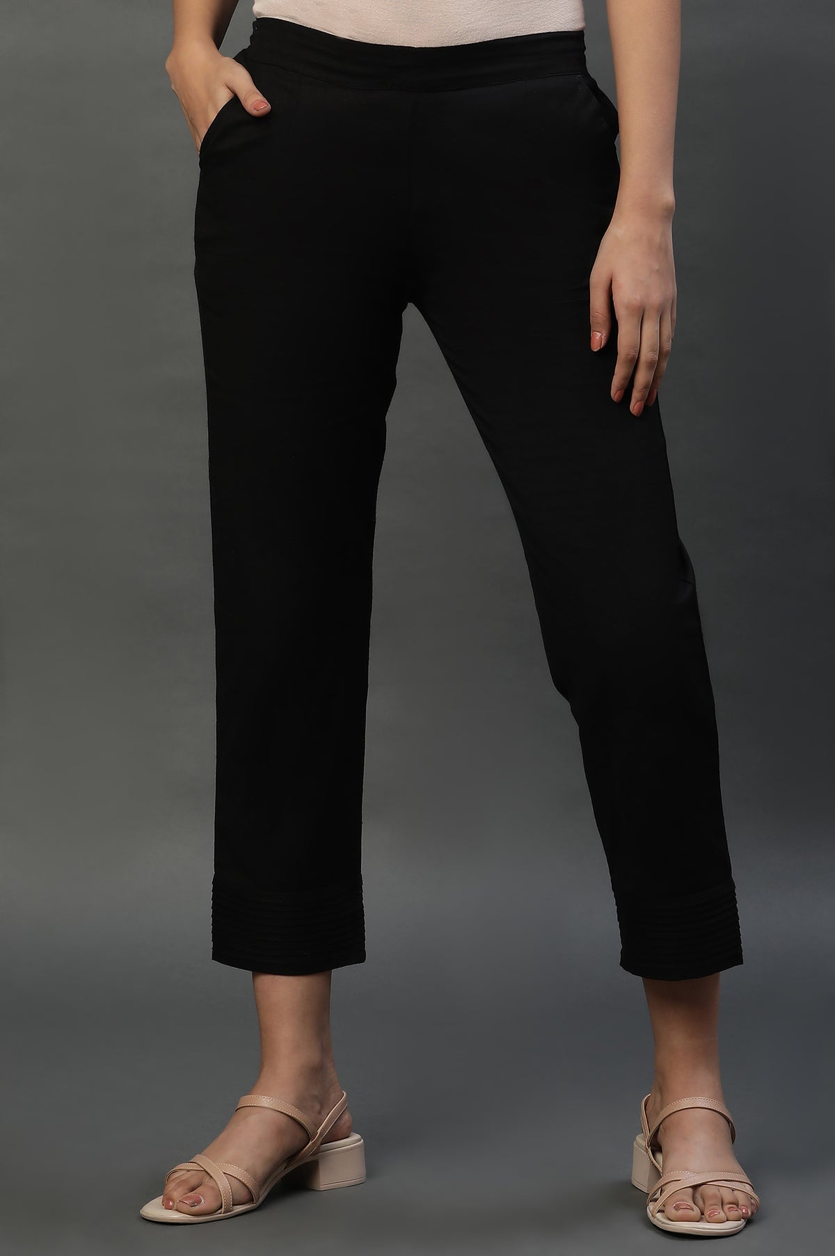 Elleven Women's Black Cotton Flax Everyday Trousers - S