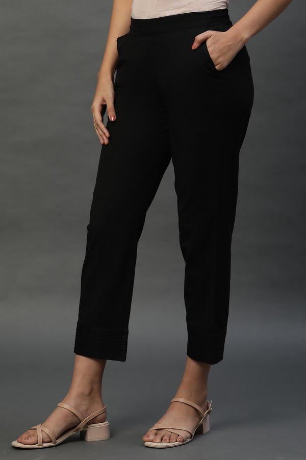 Elleven Women's Black Cotton Flax Everyday Trousers