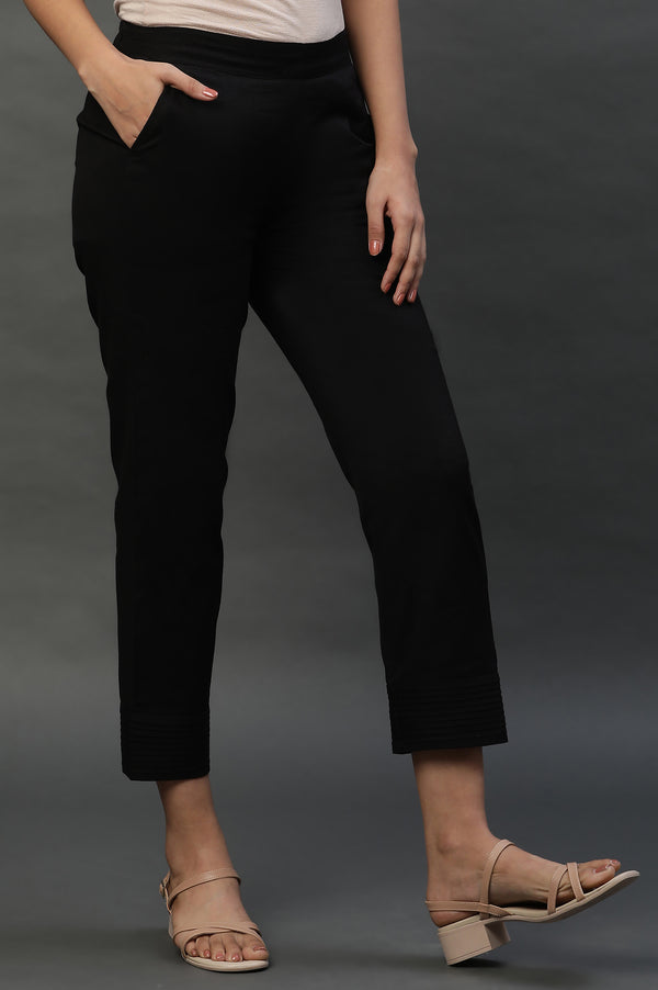Elleven Women's Black Cotton Flax Everyday Trousers
