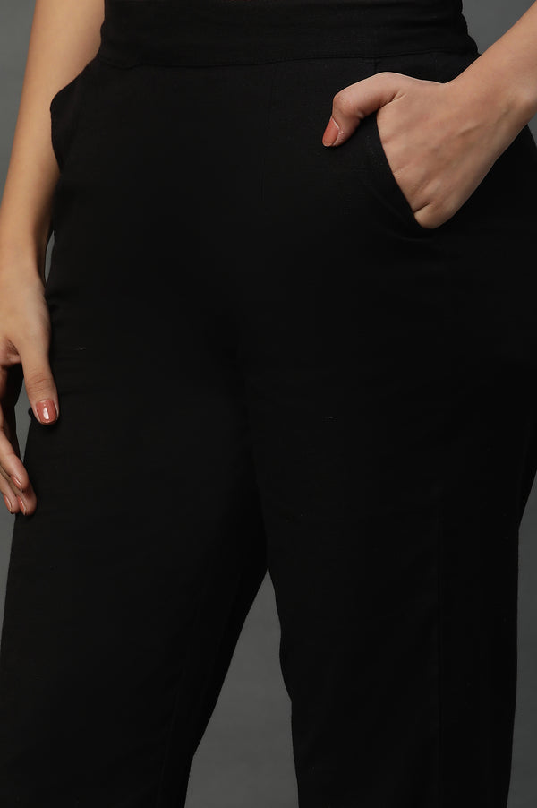Elleven Women's Black Cotton Flax Everyday Trousers