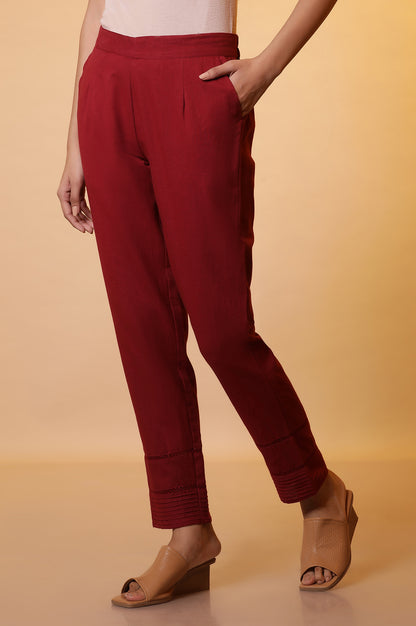 Maroon Lace Insert Pintuck Trousers