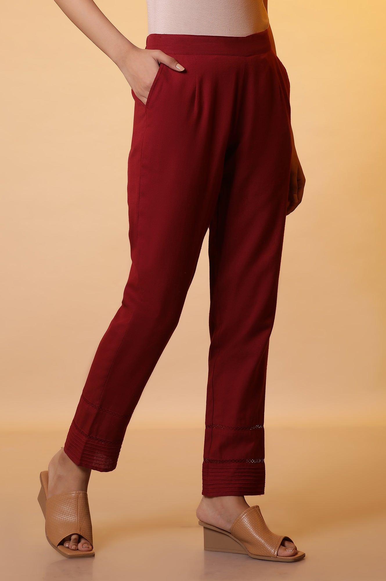 Maroon Lace Insert Pintuck Trousers