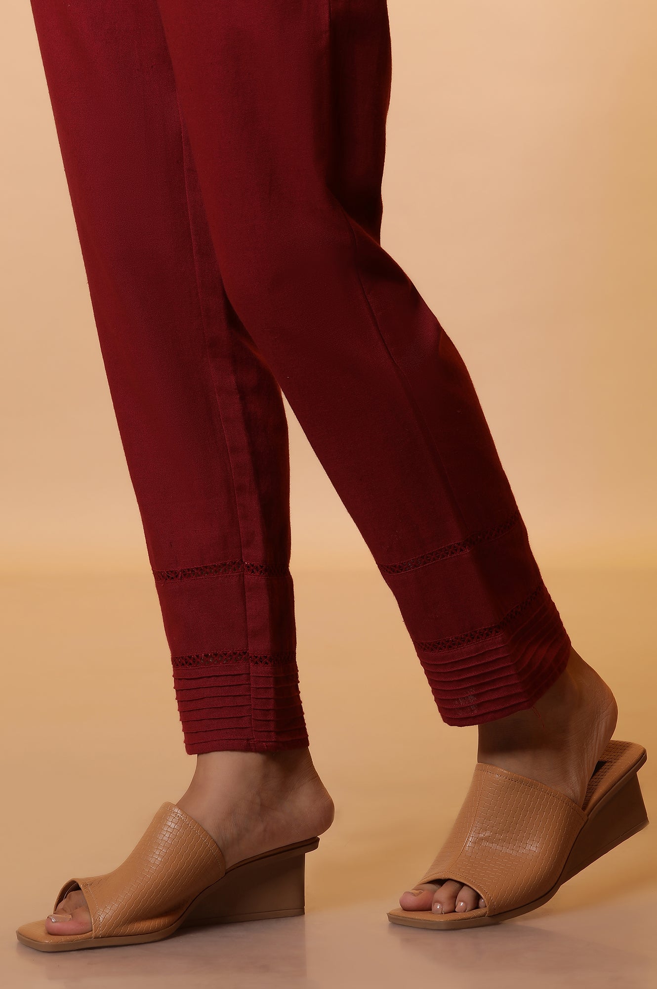 Maroon Lace Insert Pintuck Trousers