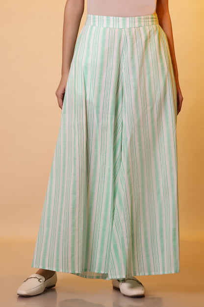 White and Green Stripe Printed Flared Palazzo Pants