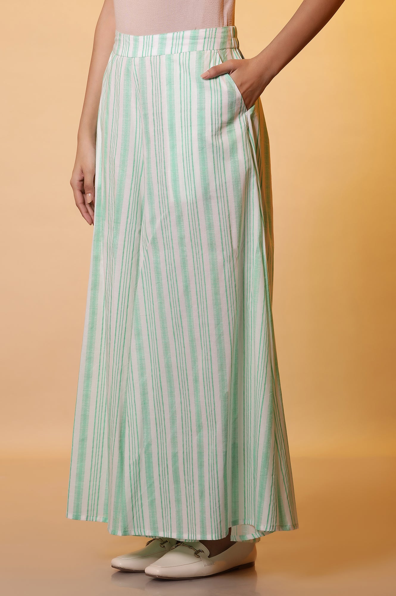 White and Green Stripe Printed Flared Palazzo Pants