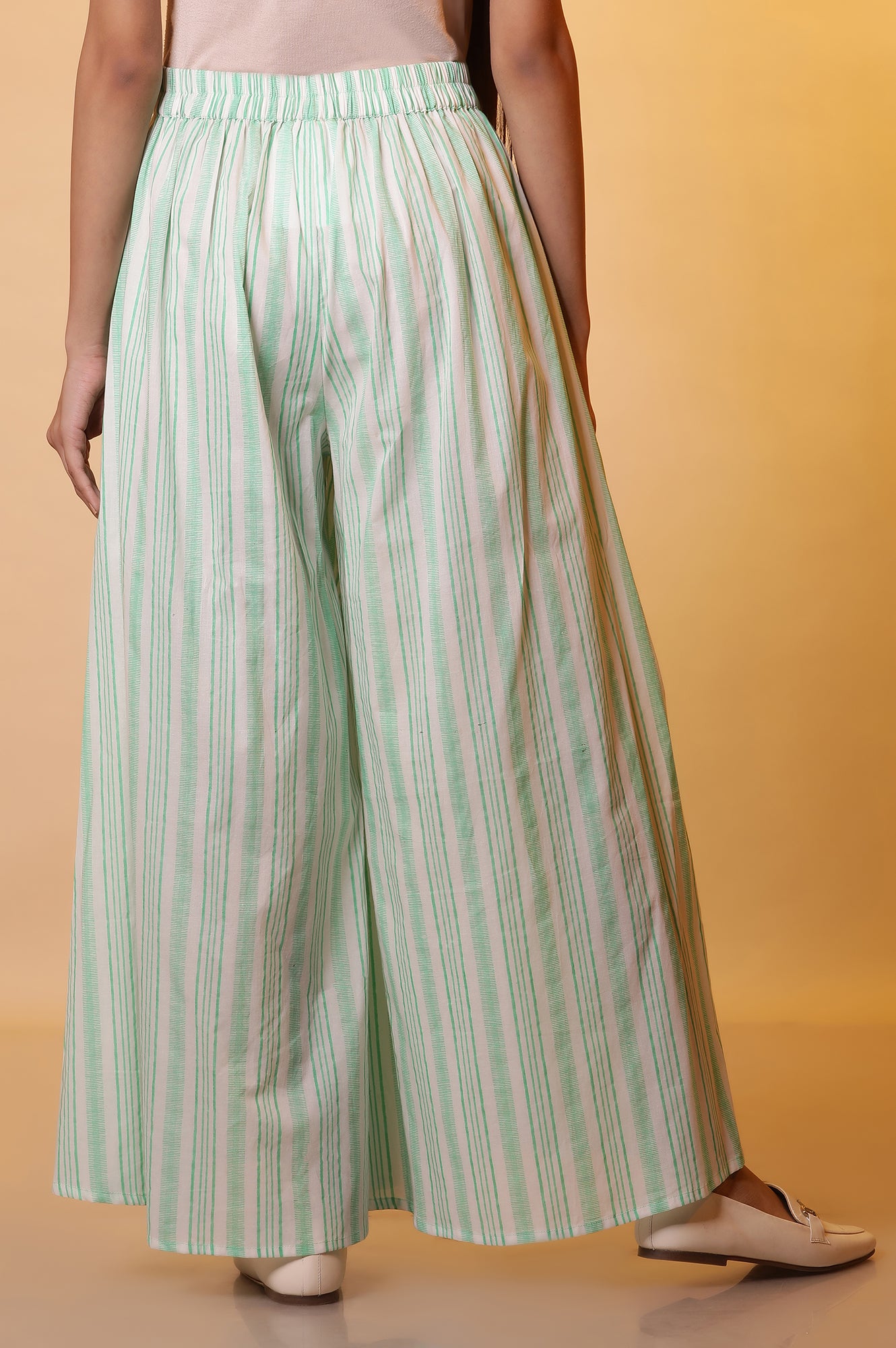 White and Green Stripe Printed Flared Palazzo Pants