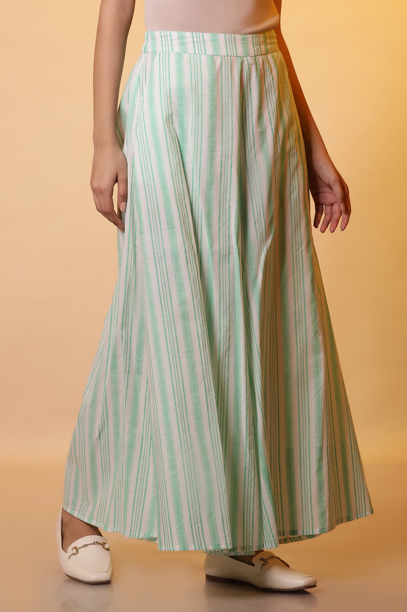 White and Green Stripe Printed Flared Palazzo Pants