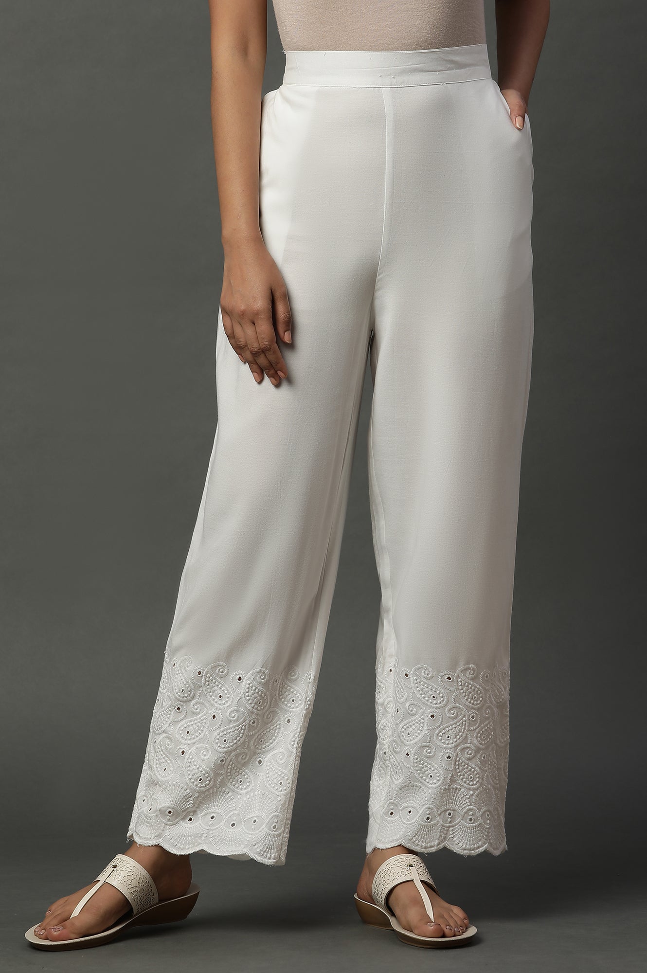 White Schiffli Embroidered Narrow Palazzo