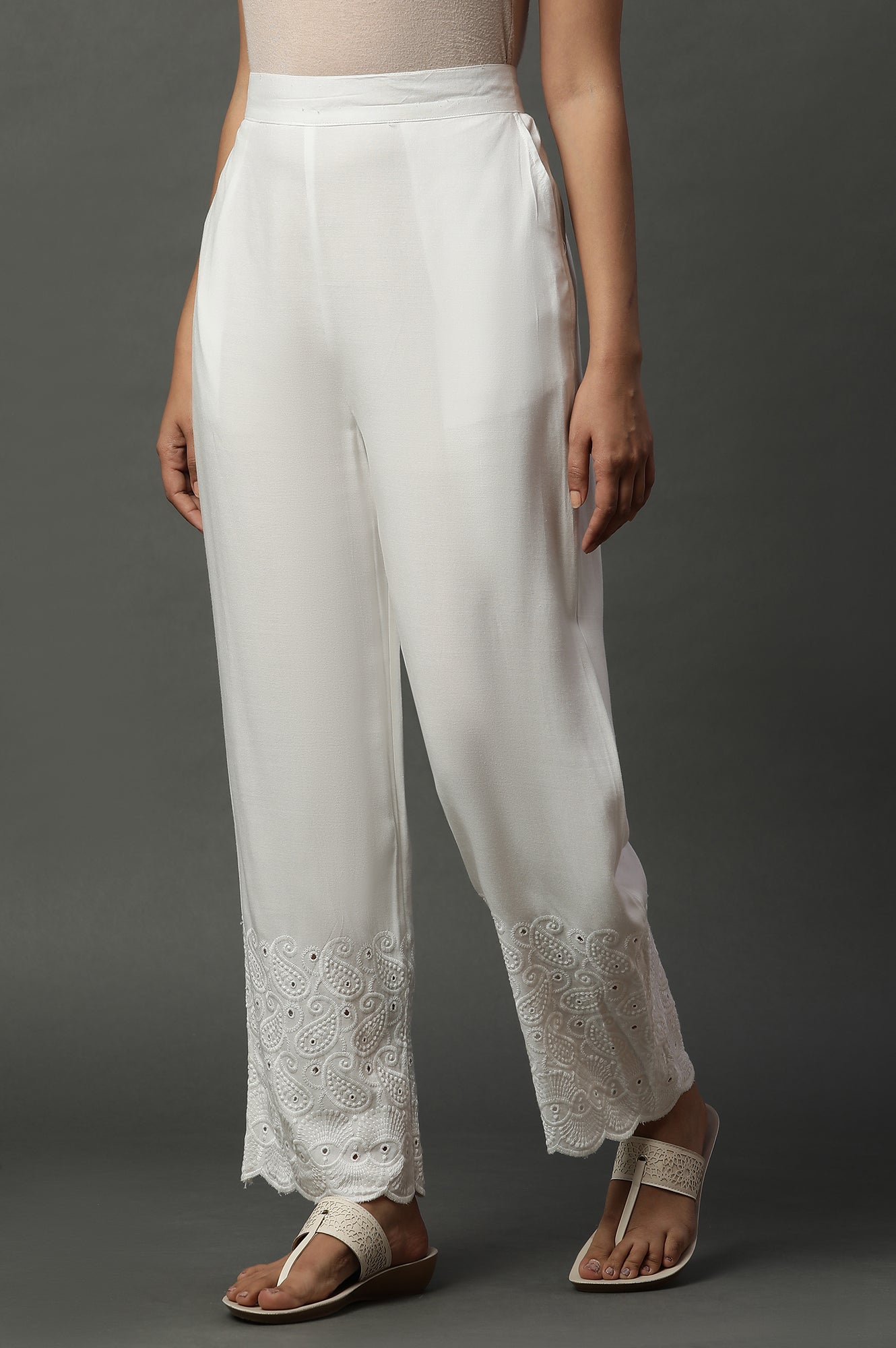 White Schiffli Embroidered Narrow Palazzo