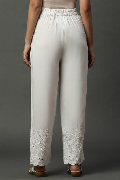 White Schiffli Embroidered Narrow Palazzo