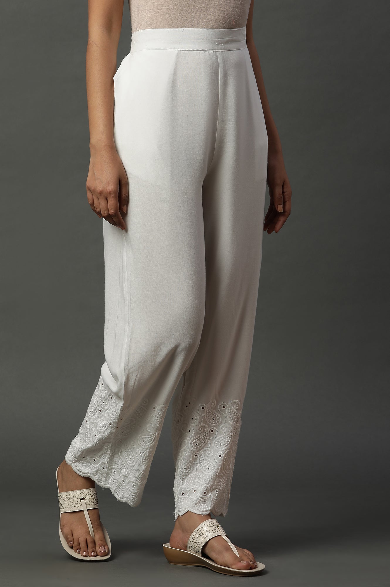 White Schiffli Embroidered Narrow Palazzo