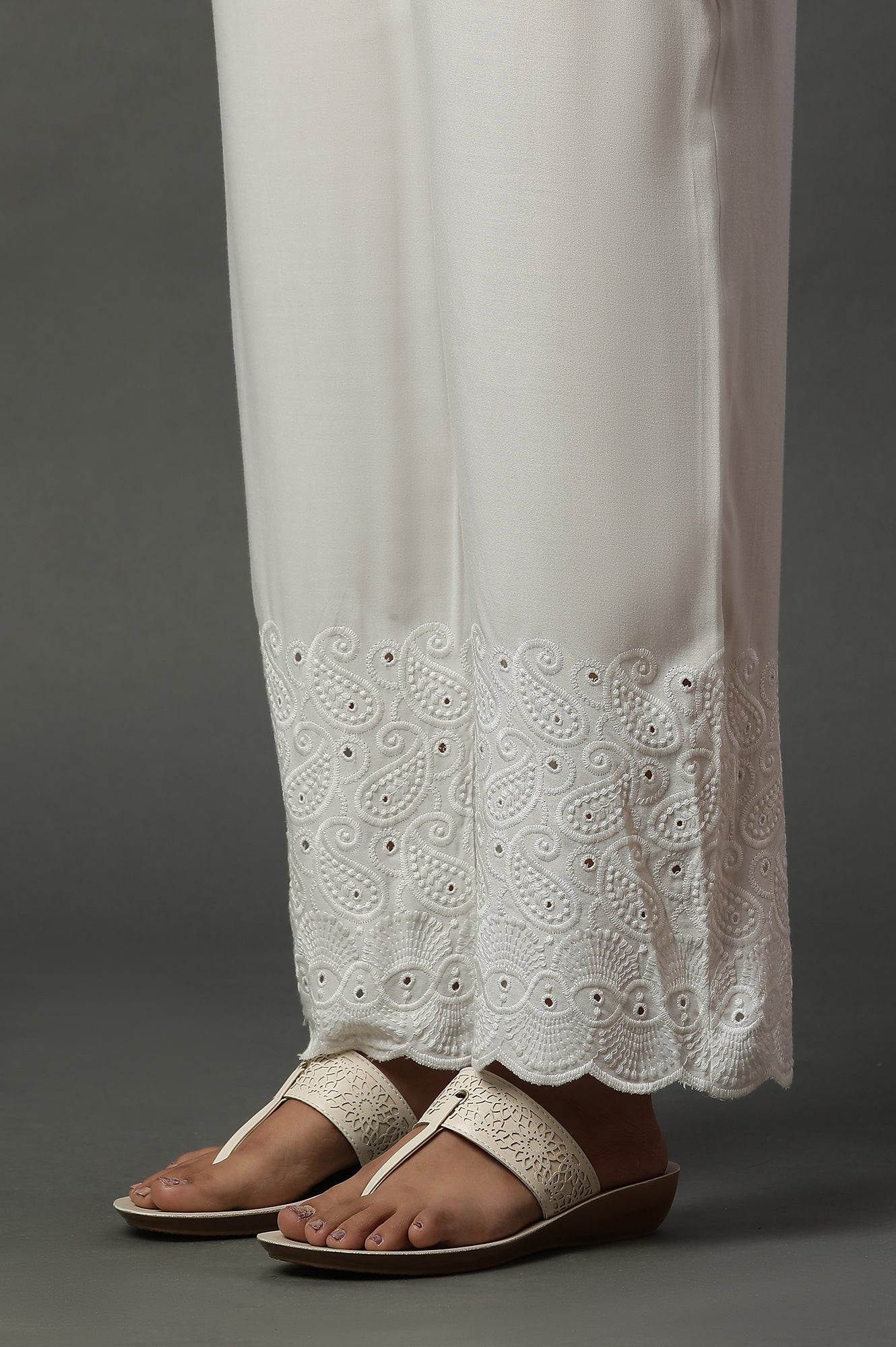 White Schiffli Embroidered Narrow Palazzo