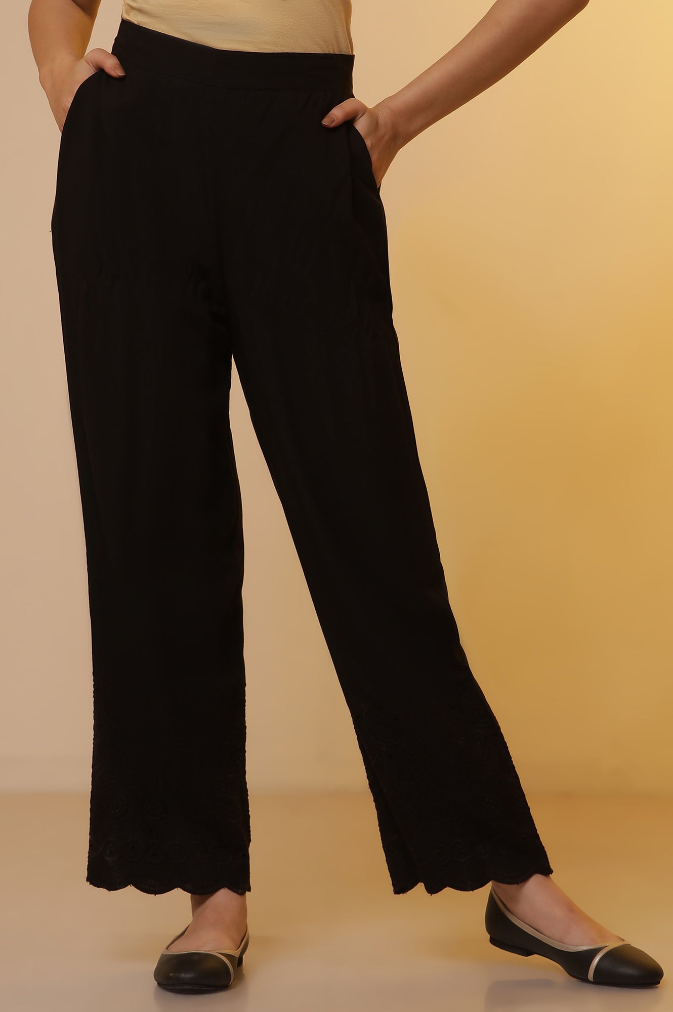 Black Schiffli Narrow Palazzo Pants