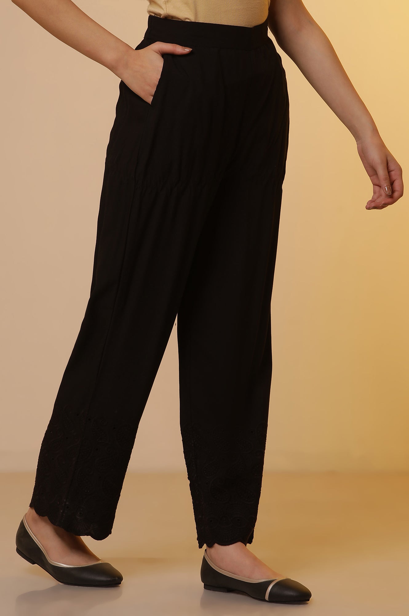 Black Schiffli Narrow Palazzo Pants