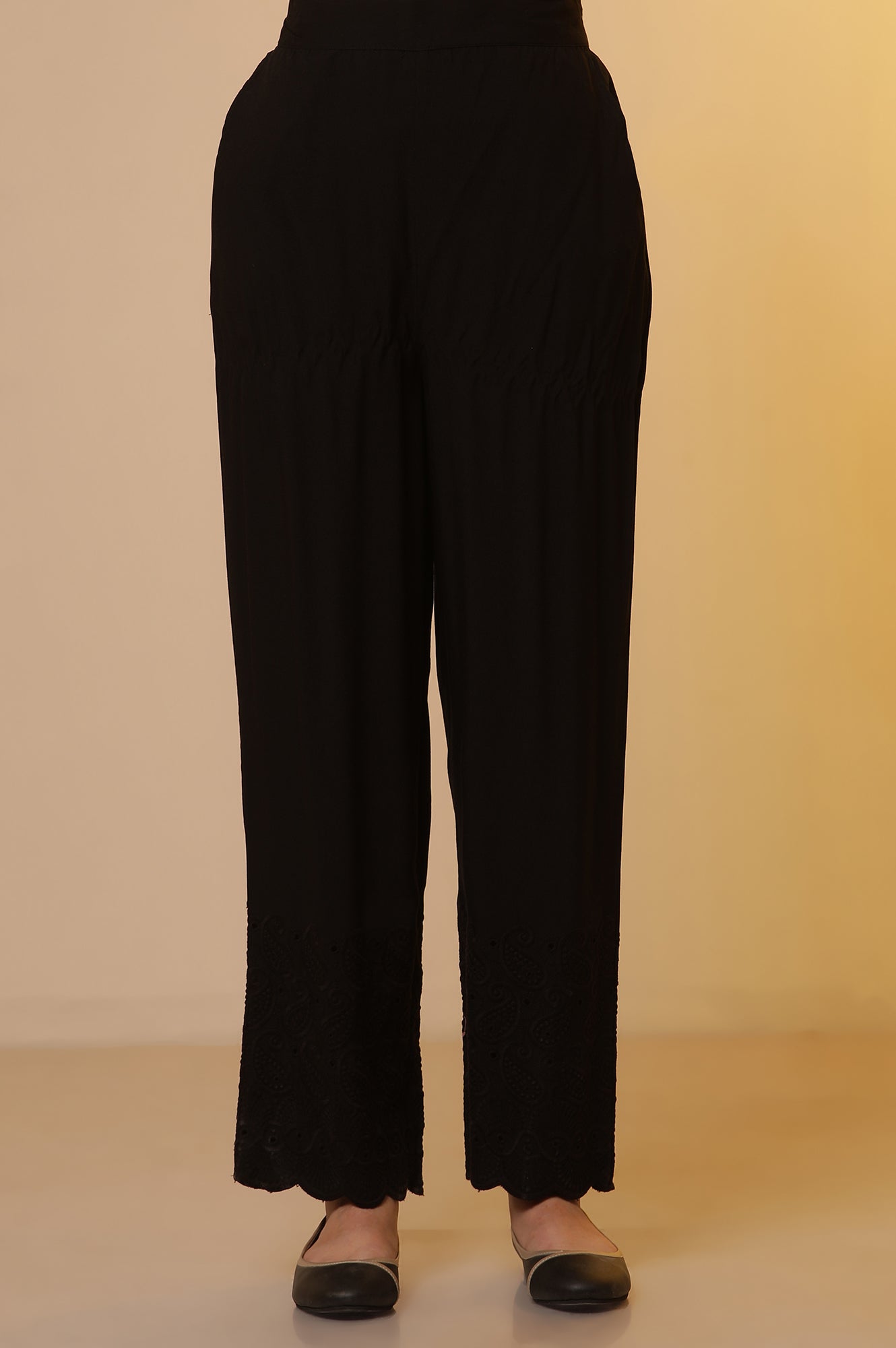 Black Schiffli Narrow Palazzo Pants