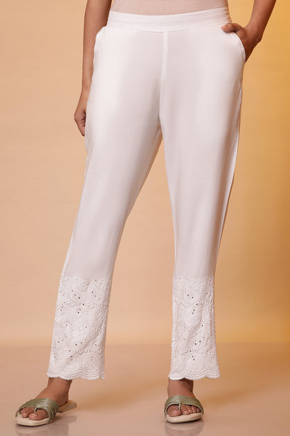 White Schiffli Casual Trousers