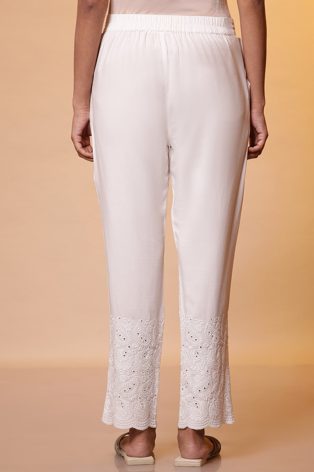 White Schiffli Casual Trousers