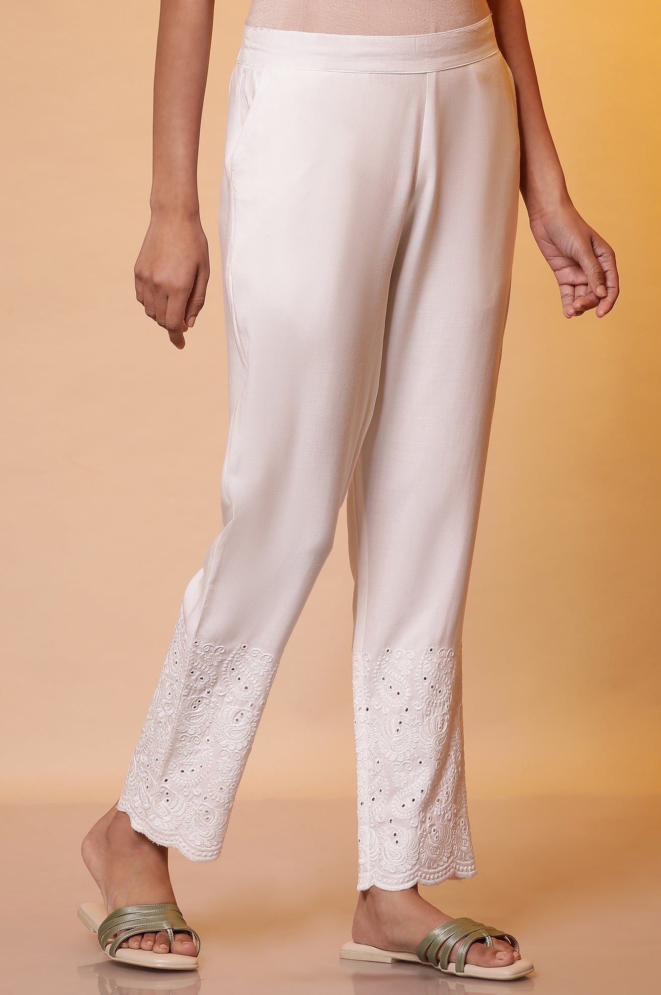 White Schiffli Casual Trousers