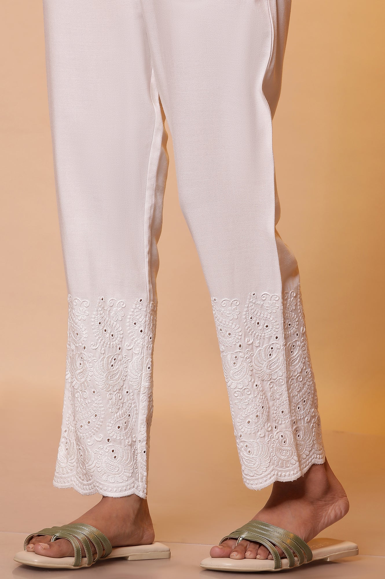 White Schiffli Casual Trousers