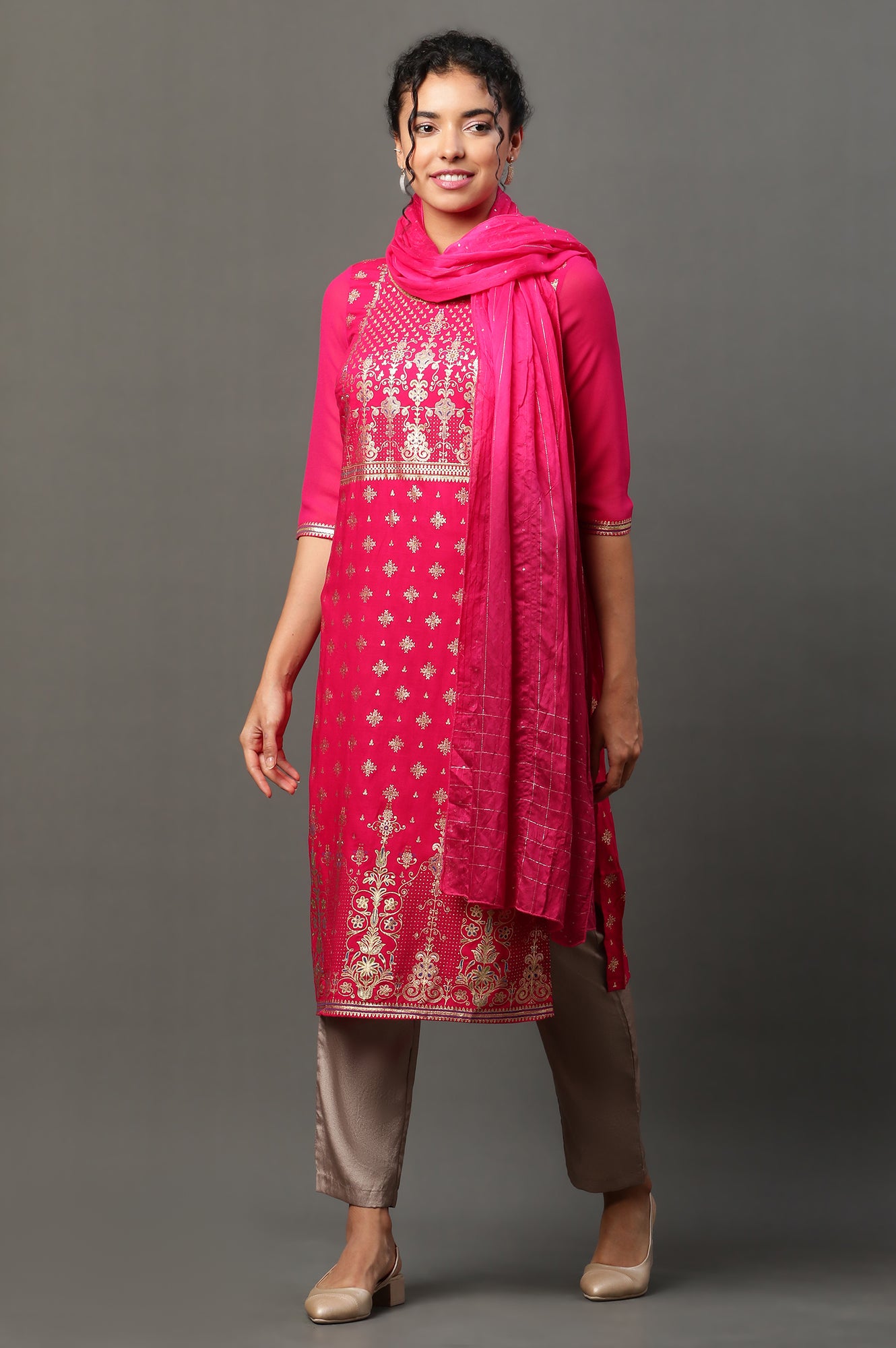 Pink Floral Zari Print Chiffon Dupatta