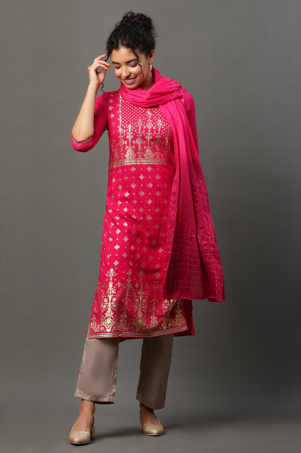 Pink Floral Zari Print Chiffon Dupatta