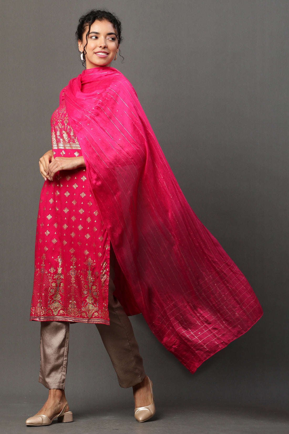 Pink Floral Zari Print Chiffon Dupatta