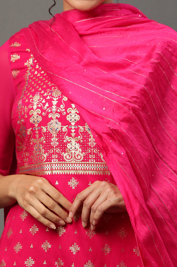 Pink Floral Zari Print Chiffon Dupatta