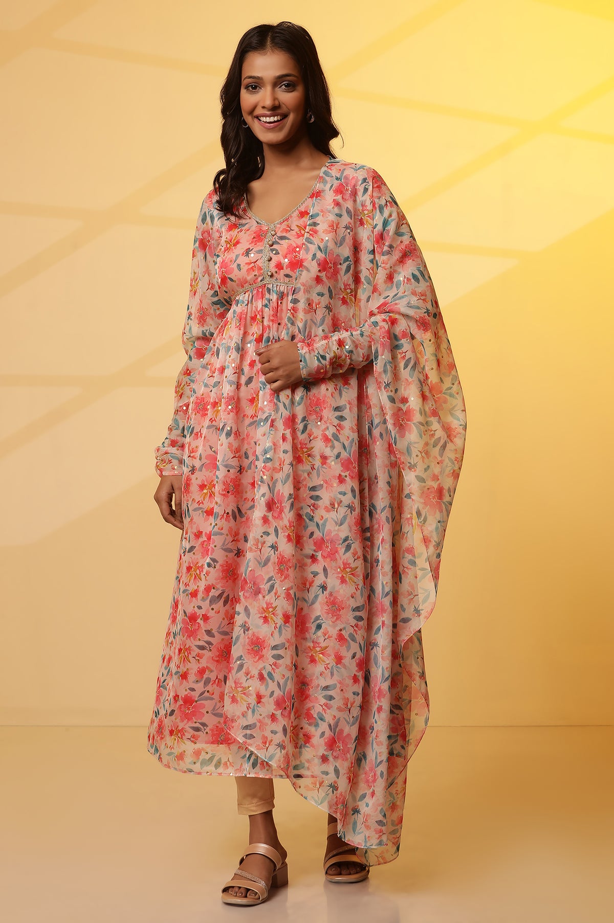 Multi-coloured Floral Printed Organza Dupatta - FS