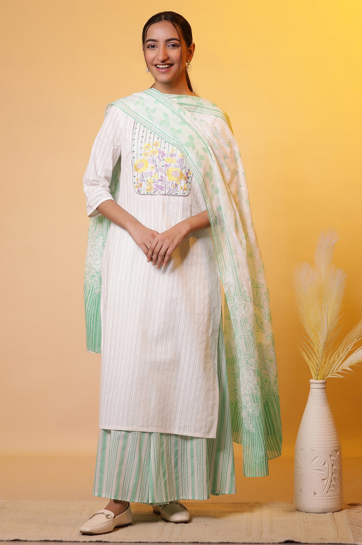 White Cotton Dupatta with Green Stripes and Floral Print - FS