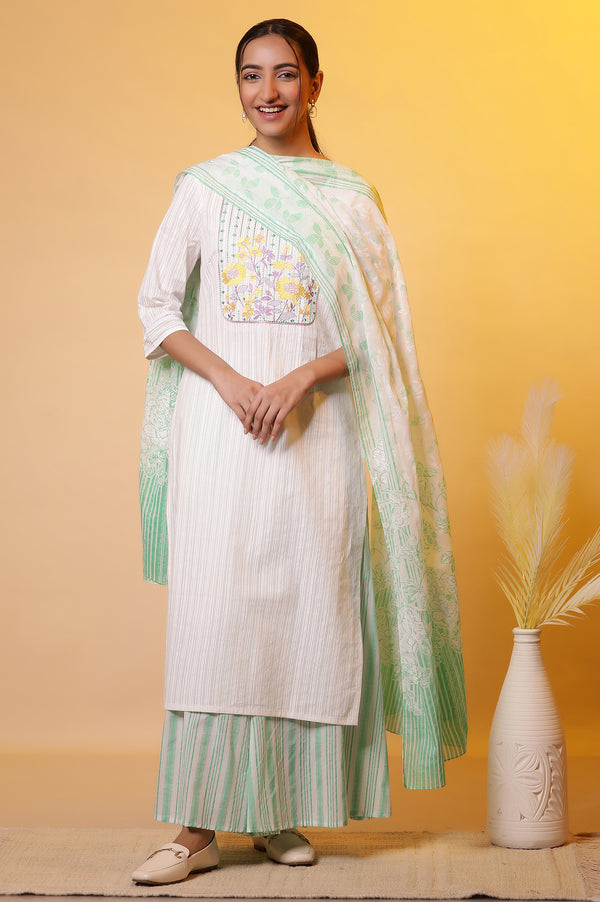White Cotton Dupatta with Green Stripes and Floral Print