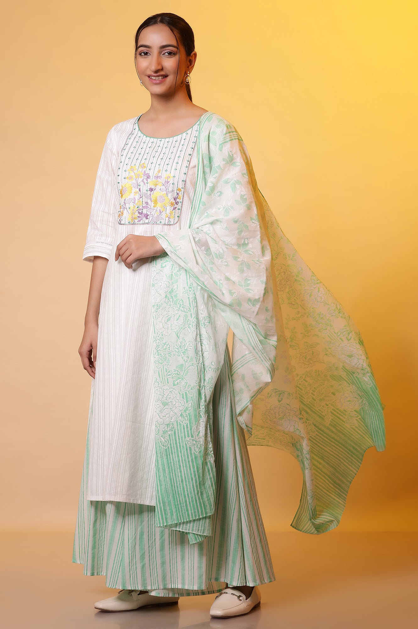 White Cotton Dupatta with Green Stripes and Floral Print