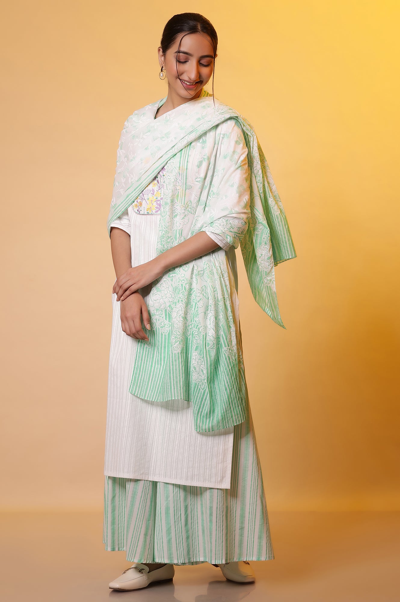 White Cotton Dupatta with Green Stripes and Floral Print