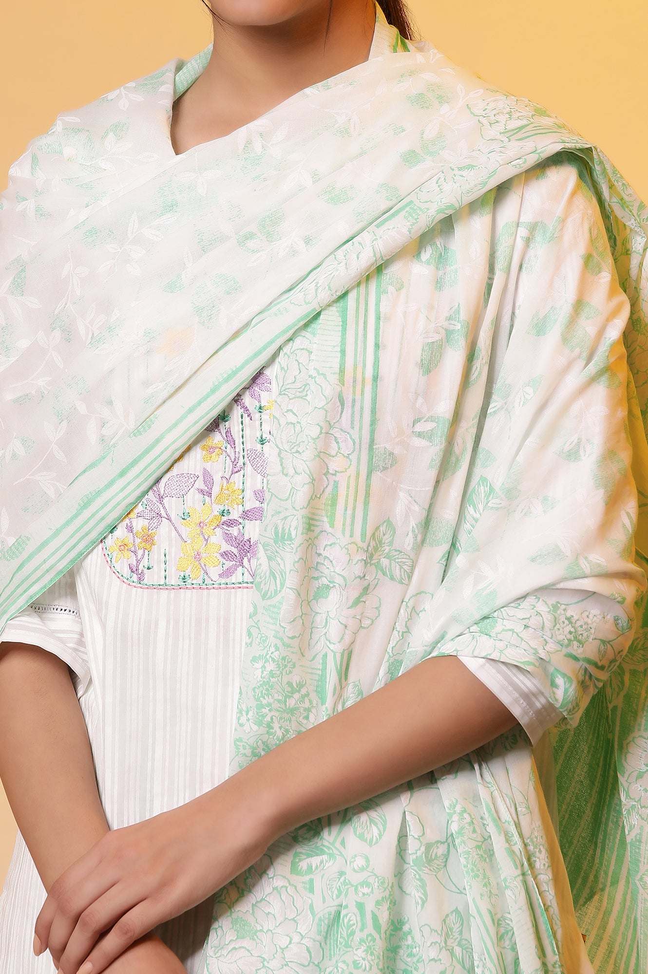 White Cotton Dupatta with Green Stripes and Floral Print