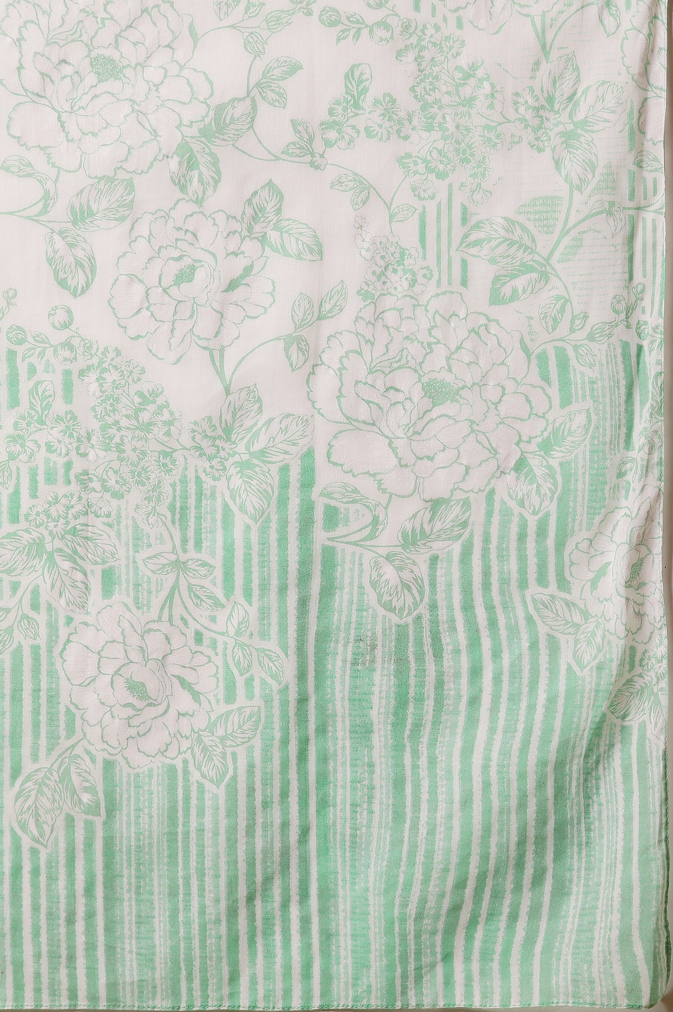 White Cotton Dupatta with Green Stripes and Floral Print